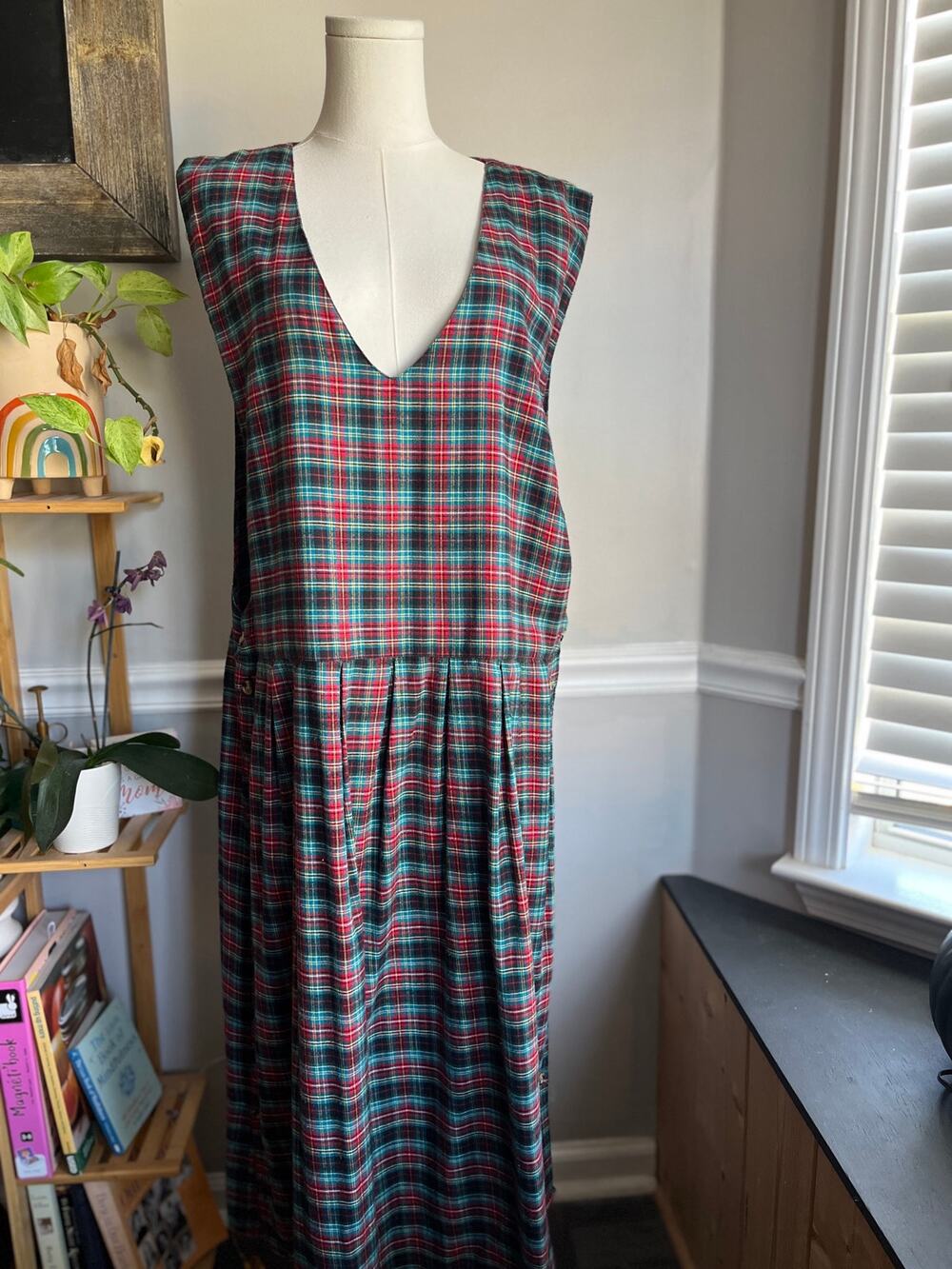 Vintage 90s Plaid Pinafore Dress Maxi Side Button Size 2X